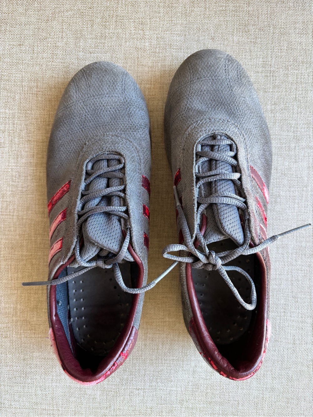 Vintage 2003 Adidas TaeKwanDo Gray Suede Sneakers with destroyed Maroon stripes